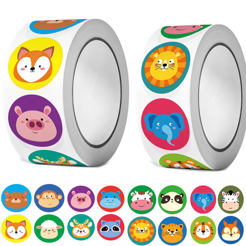 Photo 1 of 2Rolls Animal Stickers for Kids, 1000PCS Round Stickers for Toddlers Ages 2-4, 16 Designs Farm Wild Cute Panda Cat Elephant Teaching Supplies for Classroom Reward Motivational (Animal1)