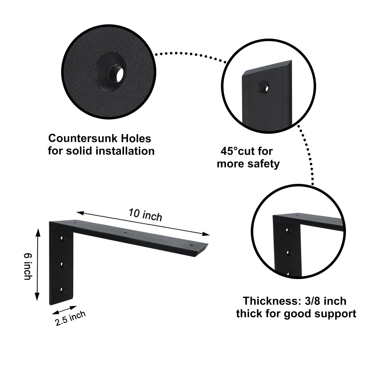Arbeitsplattenstütze, 2 Stück, 25,4 cm, robust, 1 cm dick, schwarz, Granit-Arbeitsplattenhalterung, 25,4 x 15,2 x 6,3 cm, Regal-L-Halterung, Kamin-Korbels für Quarz/Granit/Holz/Beton
