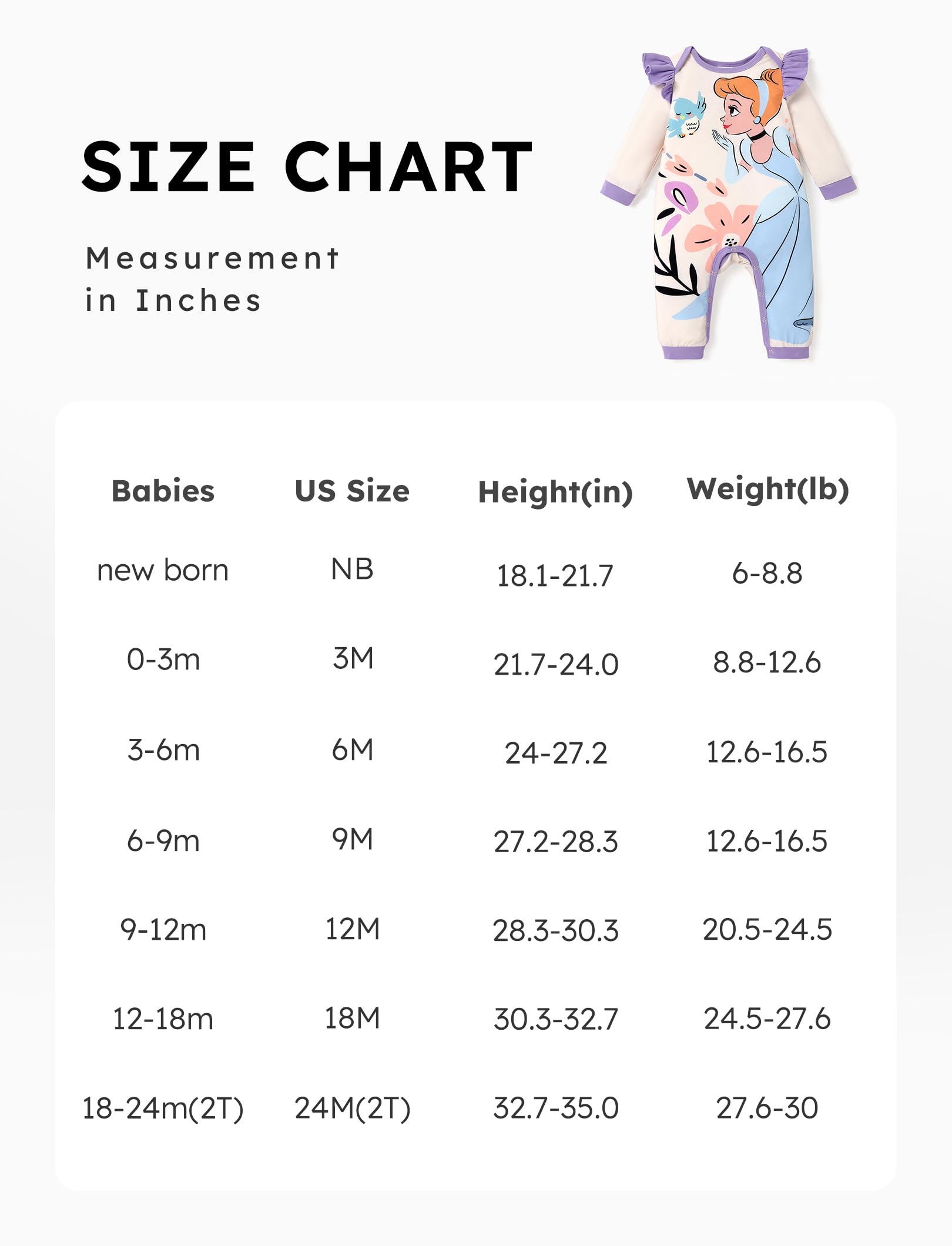 Disney Stitch Princess Cinderella Ariel Minnie Winnie Langärmliger Strampler mit Rüschen für Neugeborene bis Kleinkinder