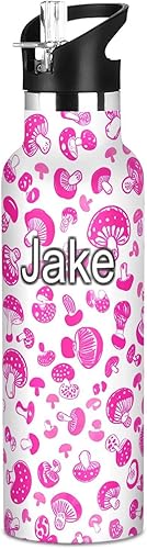 Botella de agua personalizada para niños para la escuela, botella personalizada de 20 onzas para niños y niñas, sin BPA, hongos rosa