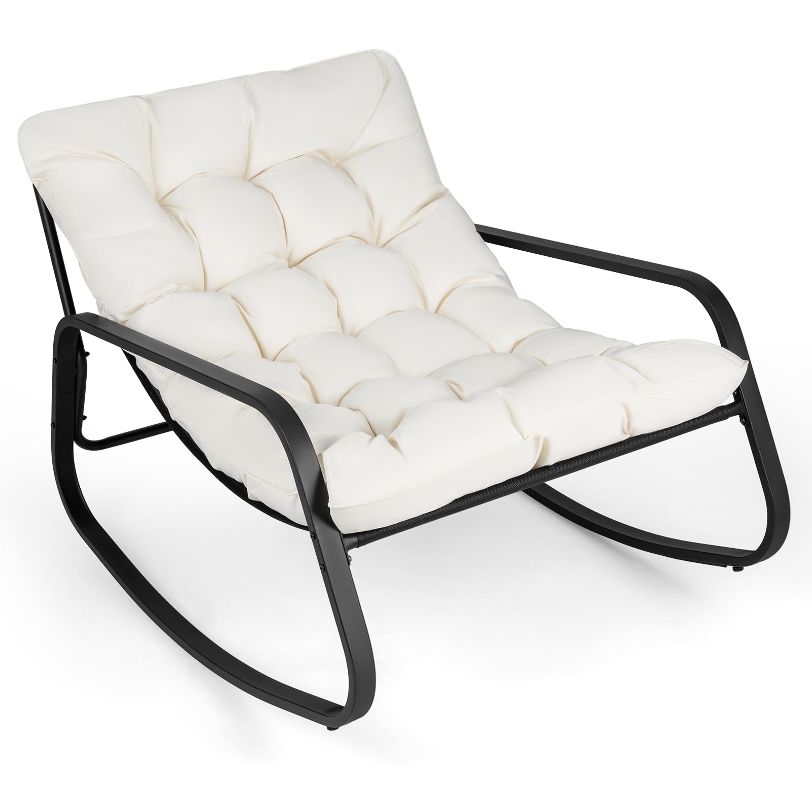 COSTWAY Fauteuil à Bascule Exterieur, Charge 205 kg, Fauteuil de Jardin Papasan en Métal, Coussin Amovible&Épais 13 cm, Base Antidérapante, Rocking Chair pour Salon Balcon, 120 x 91 x 78 cm (Beige)