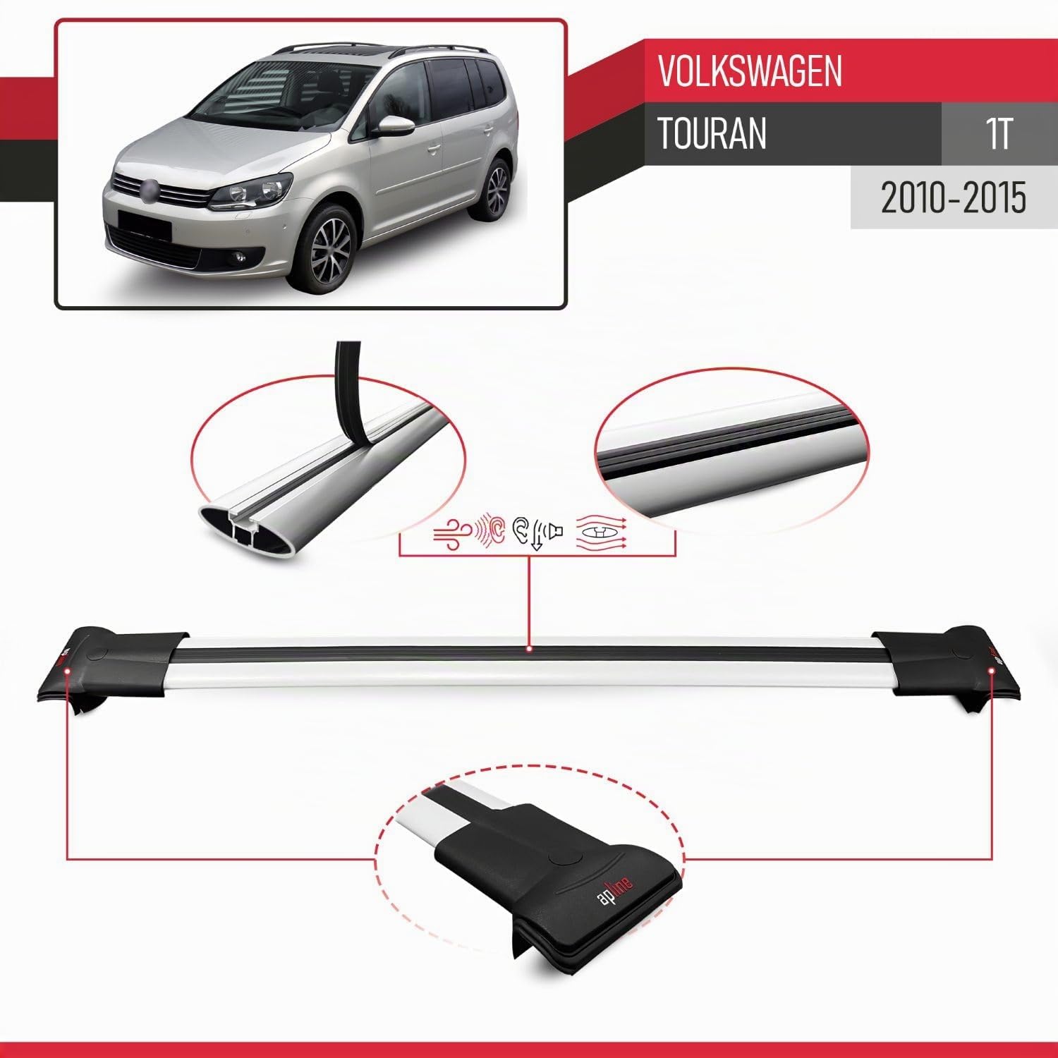 Compatible con Volkswagen Touran (1T) Post-Facelift 2010-2015 Modelo Fly Barra de Techo Auto Portaequipajes Barras Transversales Gris Aluminio 2 Barras