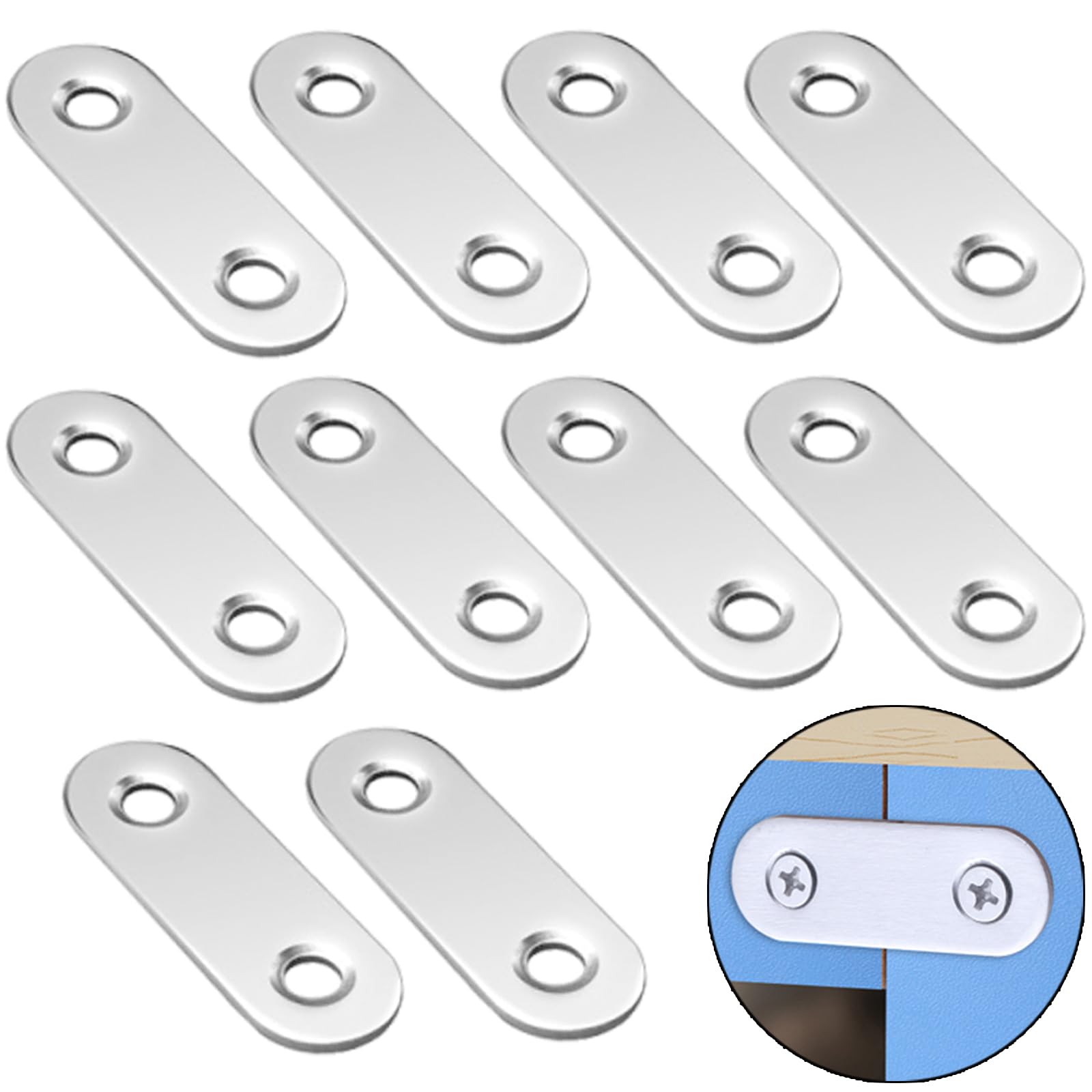Muiltvoe 10 PCS Flat Fixing Brackets Stainless Steel Straight Bracket Mending Plates Flat Plate Bracket Connecting Plates Perforated Metal Brace Brackets for Repairing Fixing Joining Furniture