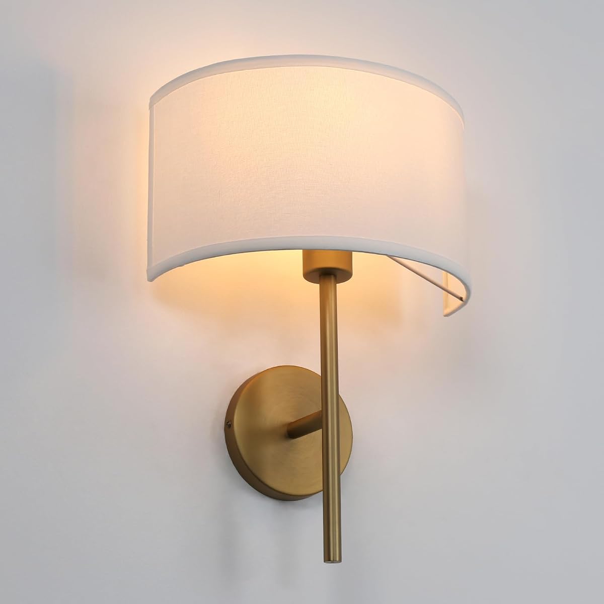 Fabric Wall Sconce Brass Vintage Indoor Bedside Wall Lamp Fixture | Industrial Hardwired Boho Semi Circular with White Half Moon Shade for Reading Bedroom Living Room(Antique)