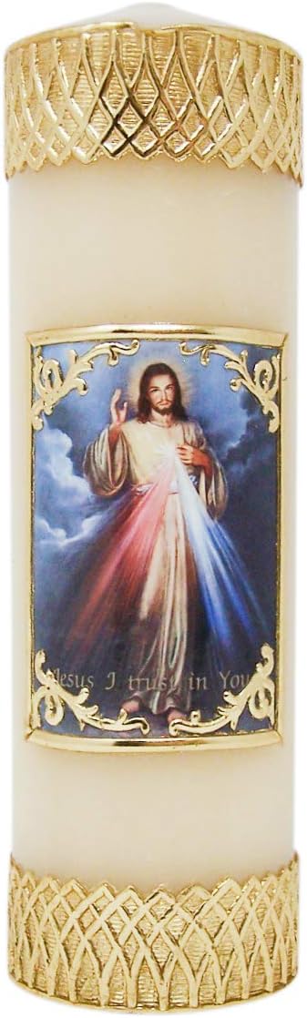 CB Church Supply Hand-Decorated Devotional Candles with Gold Wax Framed Image Will & Baumer Family Prayer Candle, 8-Inch, Divine Mercy
