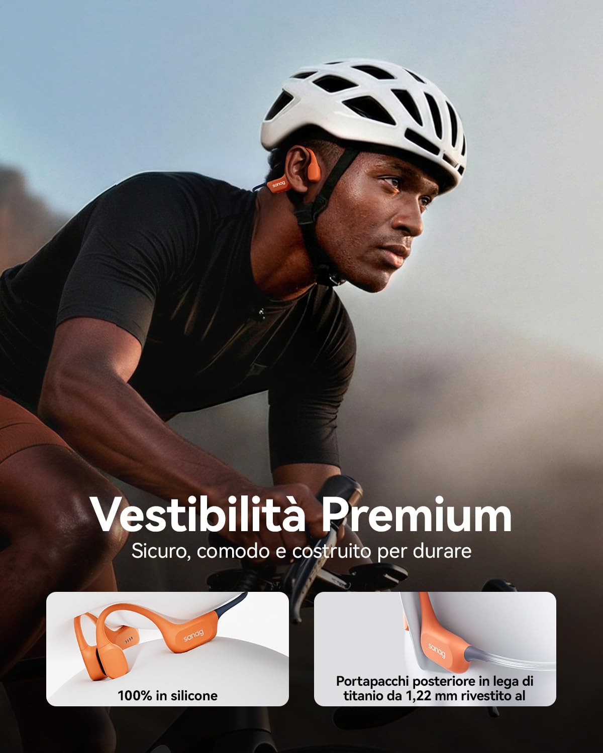 SANAG Cuffie a Conduzione Ossea, IP68 Impermeabili per Nuoto, MP3 Integrato 64GB, Bluetooth 6.0, Rivestimento in Silicone Liquido, Open Ear con AI Noise Cancelling, 9 Ore di Autonomia, Premium Sound