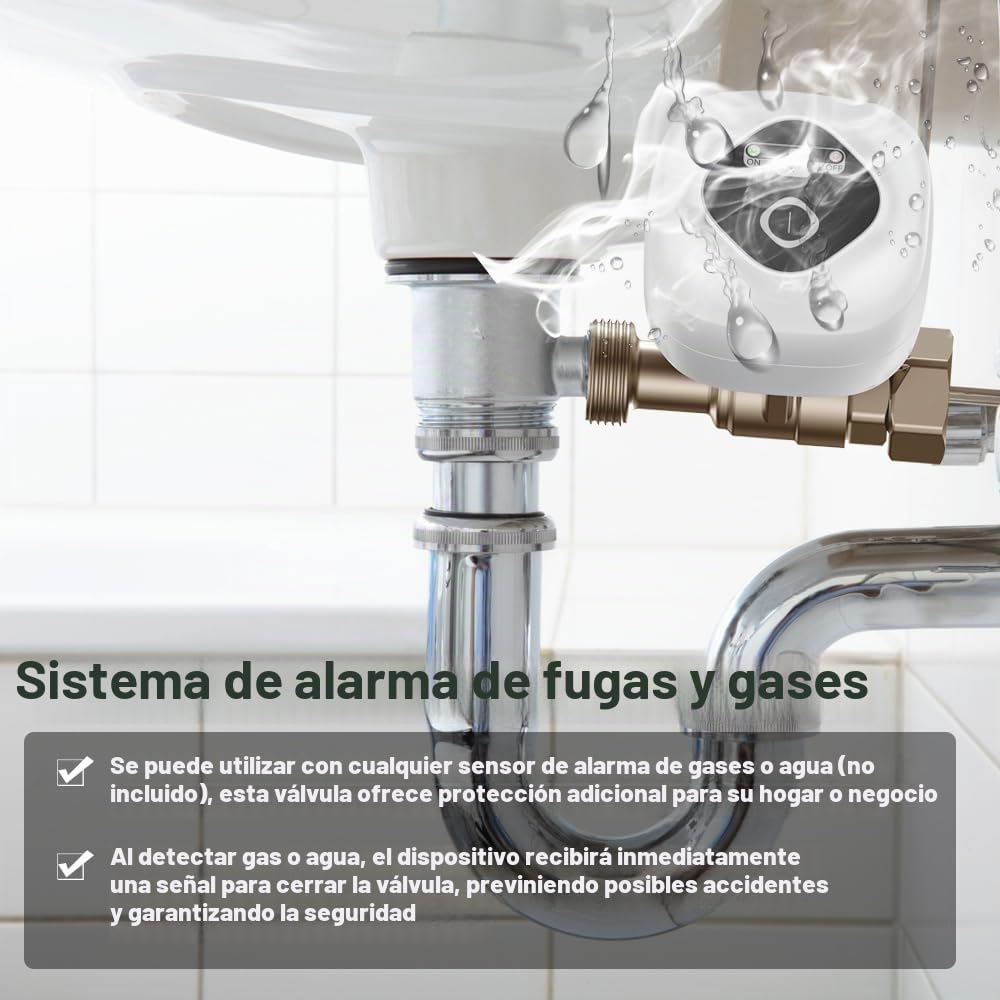 Válvula de bola inteligente WiFi, válvula de cierre automático de agua, compatible con control de aplicación/3 modos de temporización/alarma de fugas de agua y gas, asistente de inteligencia
