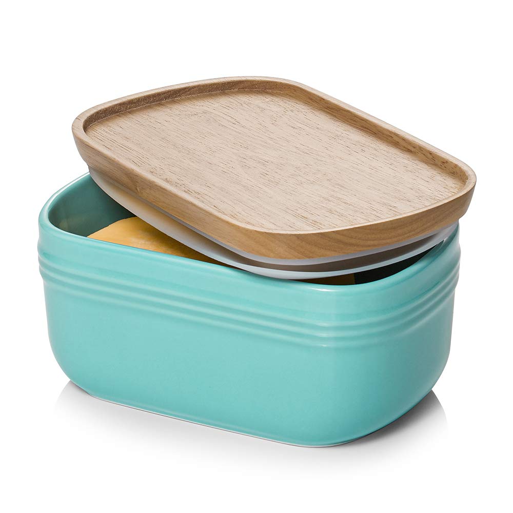 Beurrier avec couvercle hermétique en bois - Design porcelaine extra large pour conserver la fraîcheur et le stockage