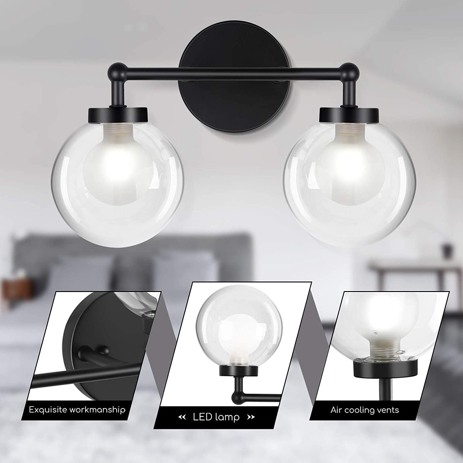 OOWOLF Bathroom Vanity Lighting, 5000K 650LM Matte Black Wall Sconce Light with 3.15 Inches Globe Glass Shape, Modern Wall Lamp for Bath Vanity Living Room Hallway Kitchen Bar Stairs