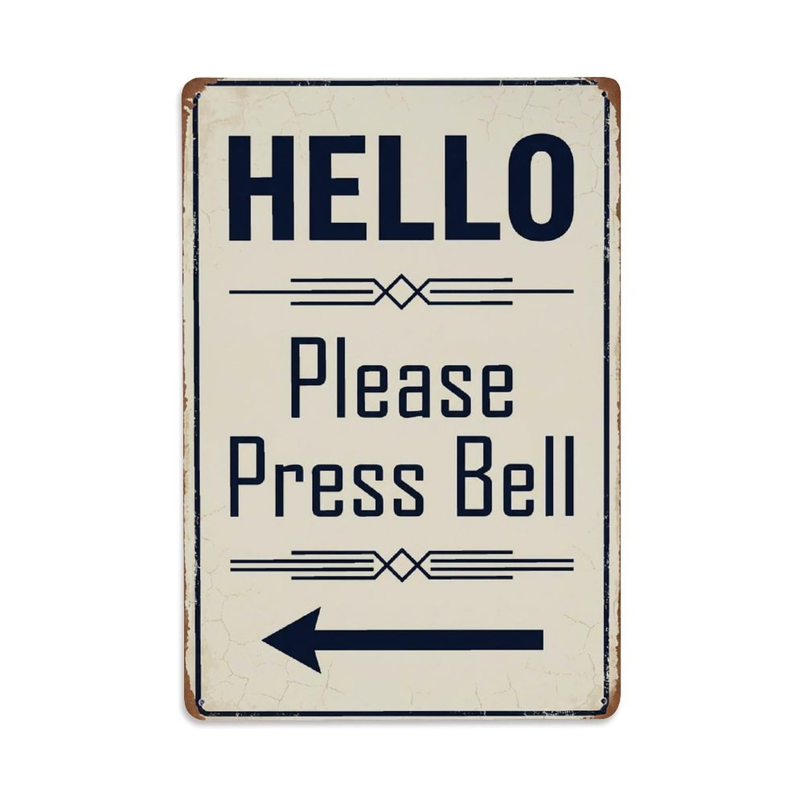 Vintage Hello Please Press Bell Arrow Geometric Metal Tin Sign