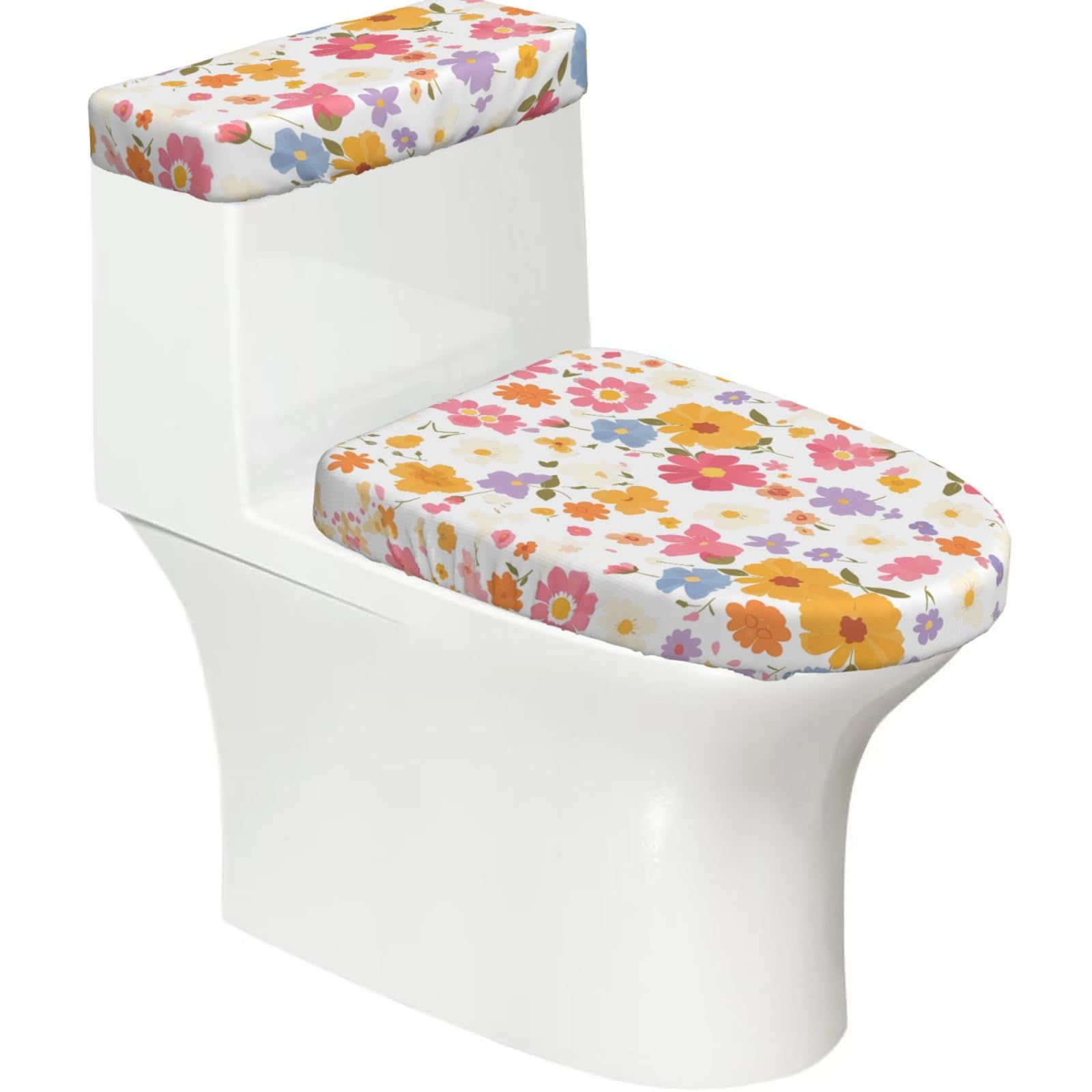 Mrowyc Black Four-Colored Flower Printed Toilet Seat Set - Set Of 2 - Universal Toilet Seat Cover - Housewarming Birthday Christmas Gift