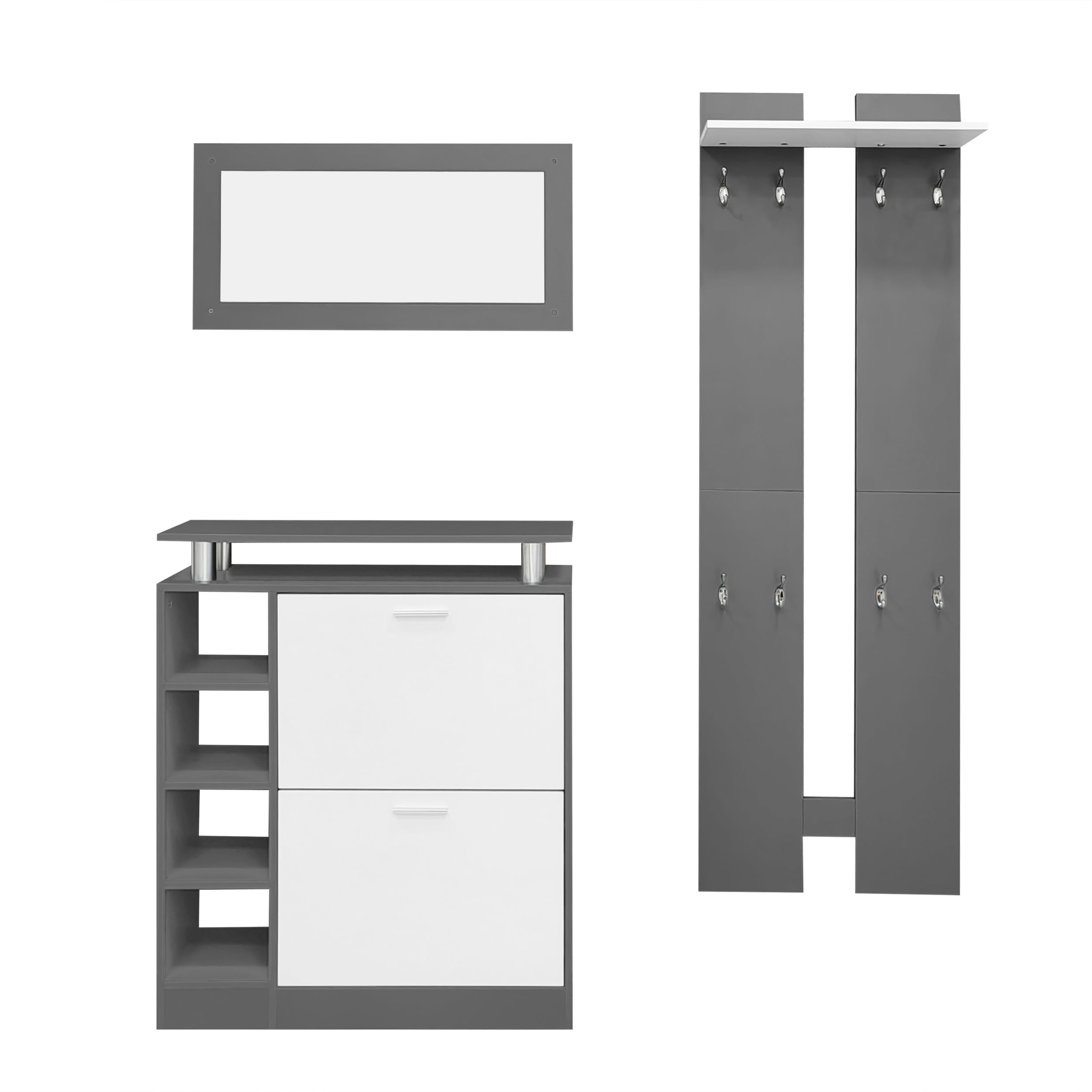 Set di appendiabiti da parete 80 x 25 x 96,5 cm, con specchio, 2 pannelli da parete, una mensola e una scarpiera, corpo grigio antracite opaco, per mobili da corridoio, appendiabiti da corridoio, set
