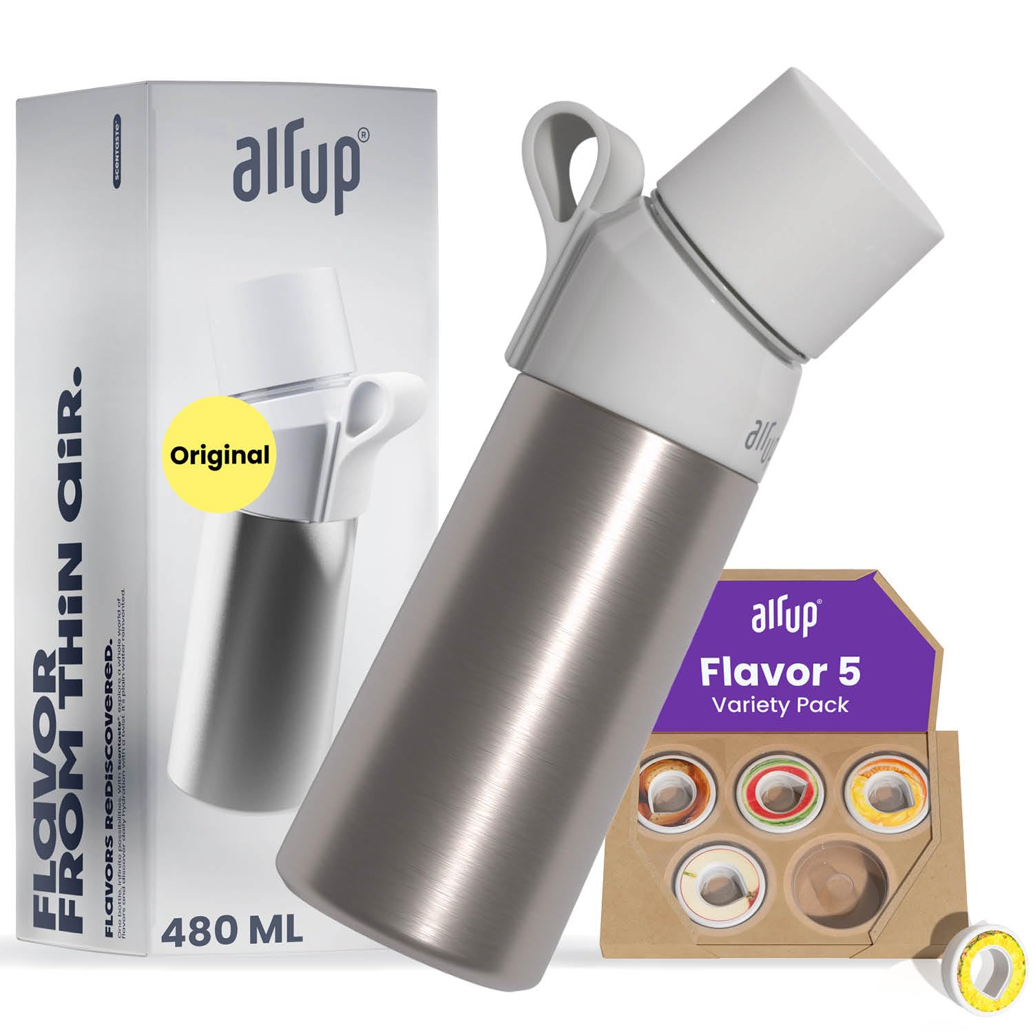 air up® Steel bottle made of stainless steel Original Starter Set incl. pods in 5 flavours, sugar-free I 480ml insulated bottle with flavour, keeps water cold for 14 hours, leak-proof I Silver