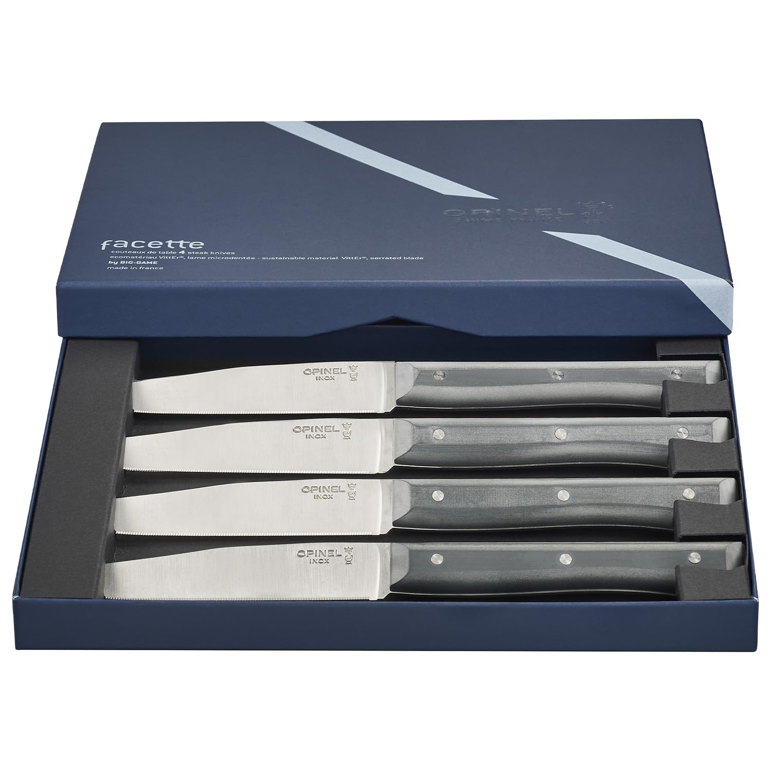 OPINEL - Set di 4 Coltelli da Tavola Facette Ardoise - Lama in Acciaio Inossidabile Microdentato - Manico in Materiale Ecologico VittEr - Garanzia a Vita - Fabbricazione Francese
