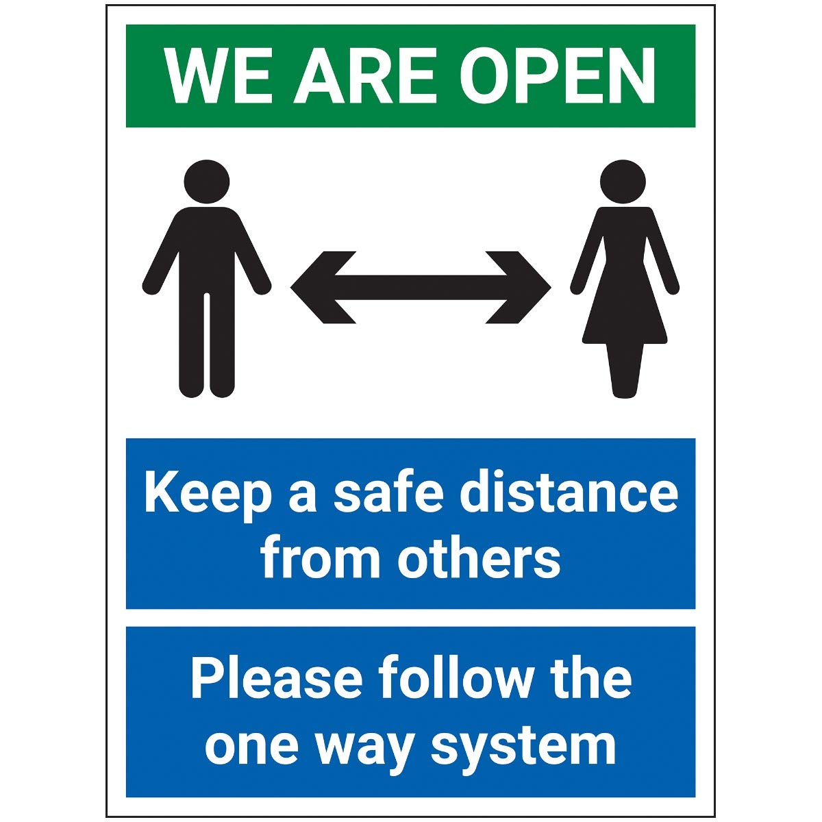 V Safety We Are Open - Keep A Safe Distance - 300x400mm - 1mm Rigid Plastic