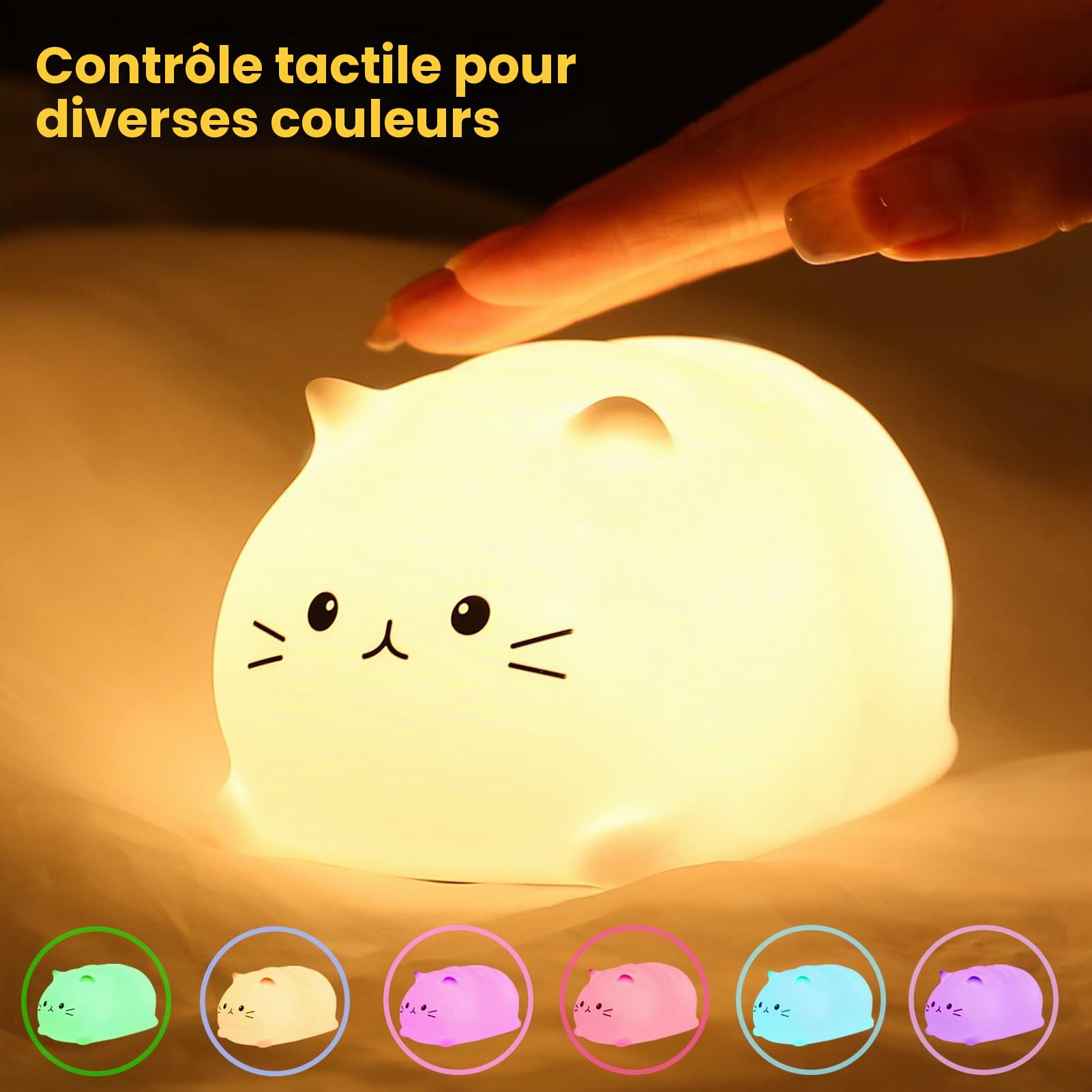 LOVERUIS Veilleuse Enfant, Veilleuse Bébé Lampe de Chevet, Contrôle Tactile 7 Couleurs Chats Veilleuse Kawaii, Veilleuse Enfant Rechargeable Cadeau Bebe Fille