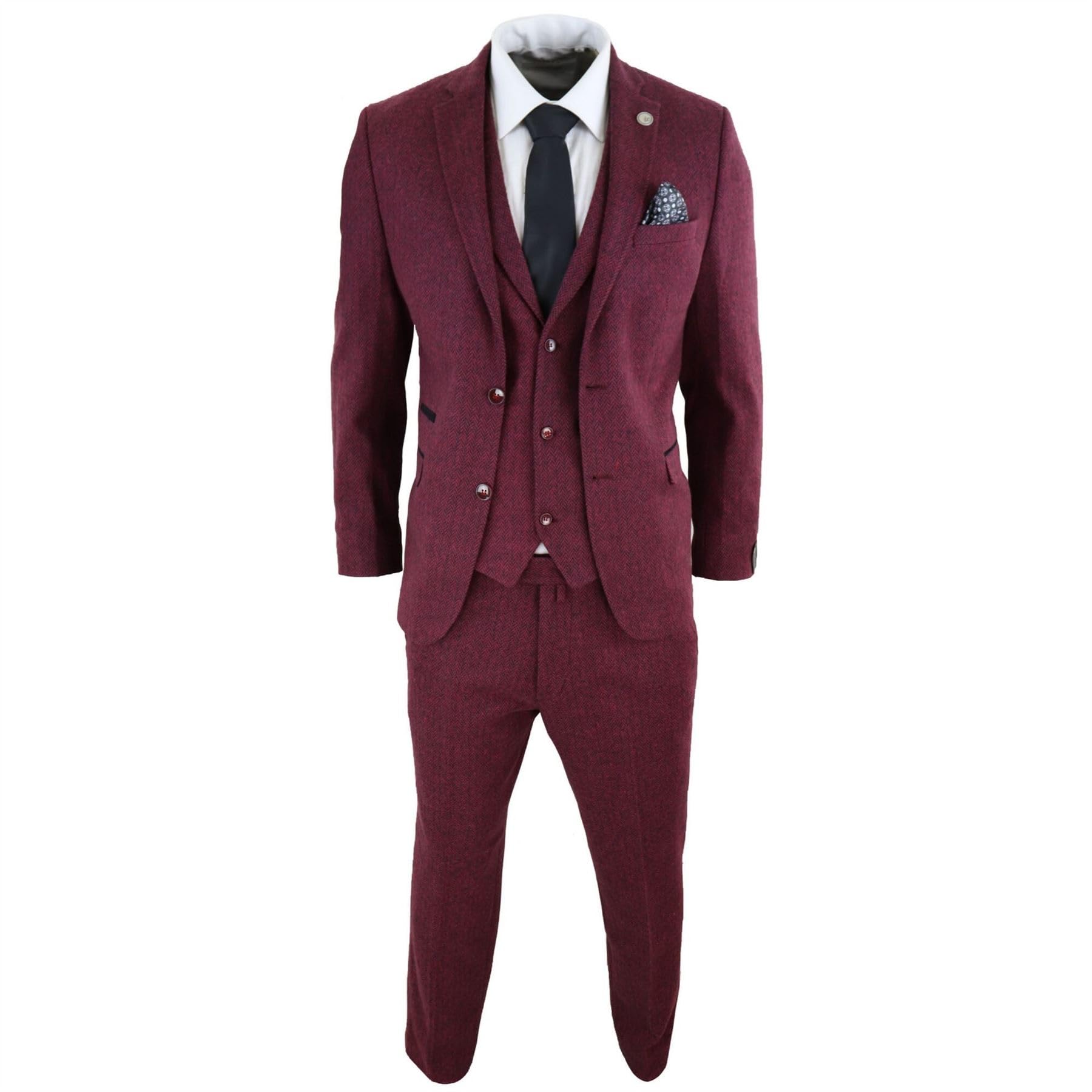 TruClothing.com Abito da Uomo 3 Pezzi Bordeaux Nero Classico in Lana Tweed
