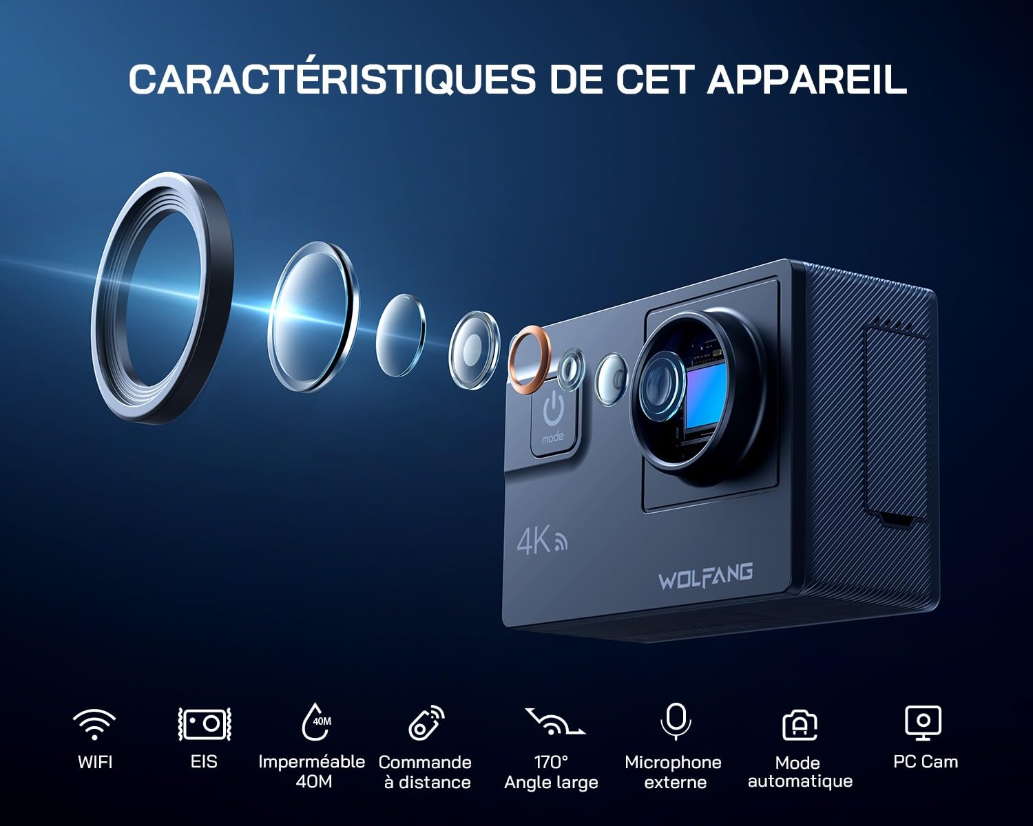 WOLFANG Caméra Sport 4K 60FPS, GA300 24MP Grand Angle Écran Tactile WiFi Caméra Étanche, Zoom 8X Stabilisateur EIS Appareil Photo (Microphone, Télécommande, 2 Piles 1350mAh et Kit d'accessoires)