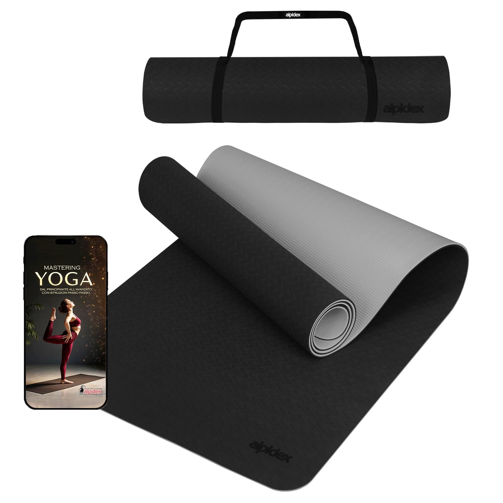 ALPIDEX Tappetino Yoga 190 x 61 x 0.6 cm | 190 x 90 x 0.6 cm E-Book Tappeto TPE Fitness Antiscivolo Aerobica Palestra Ginnastica Pilates Allenamento Casa