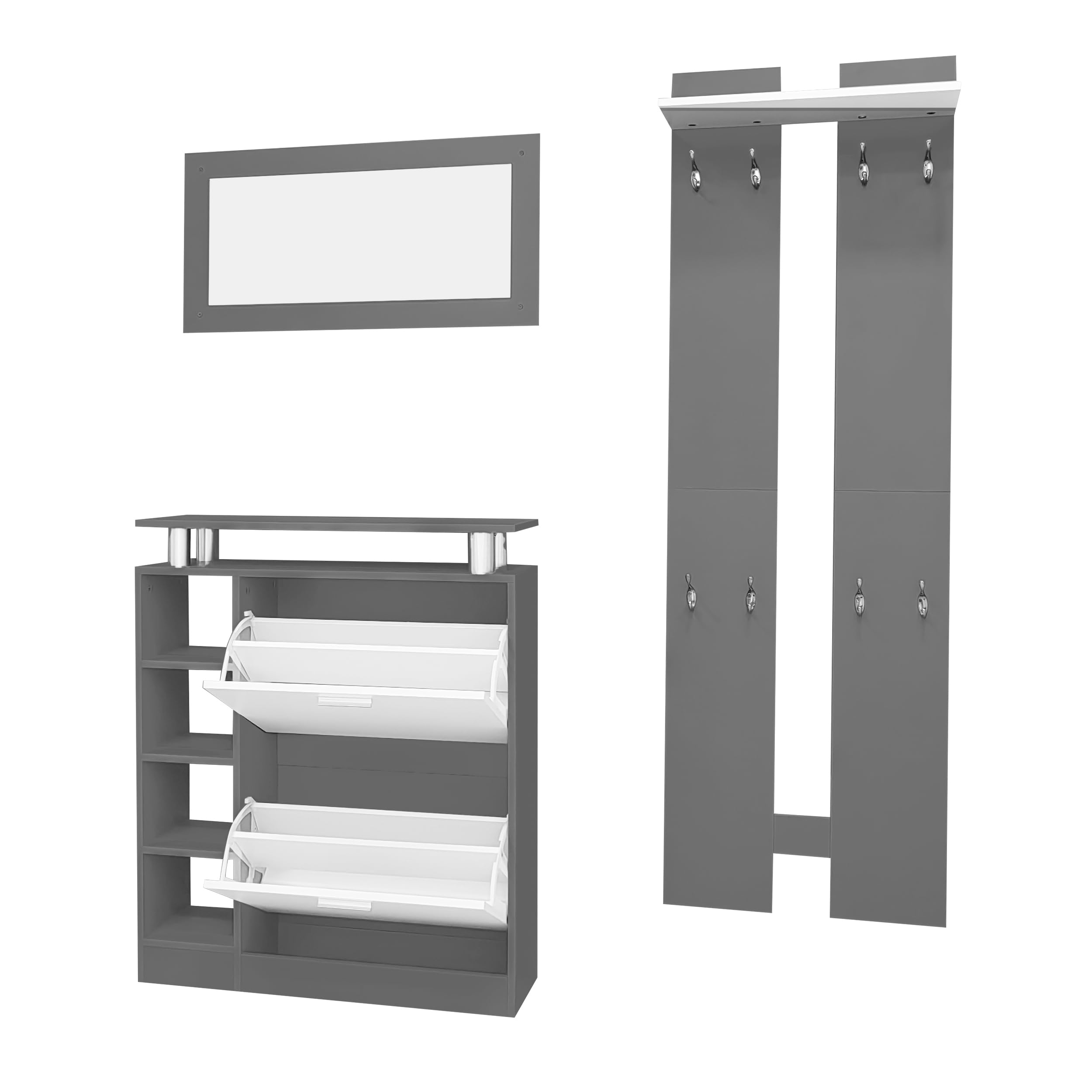 Set di appendiabiti da parete 80 x 25 x 96,5 cm, con specchio, 2 pannelli da parete, una mensola e una scarpiera, corpo grigio antracite opaco, per mobili da corridoio, appendiabiti da corridoio, set
