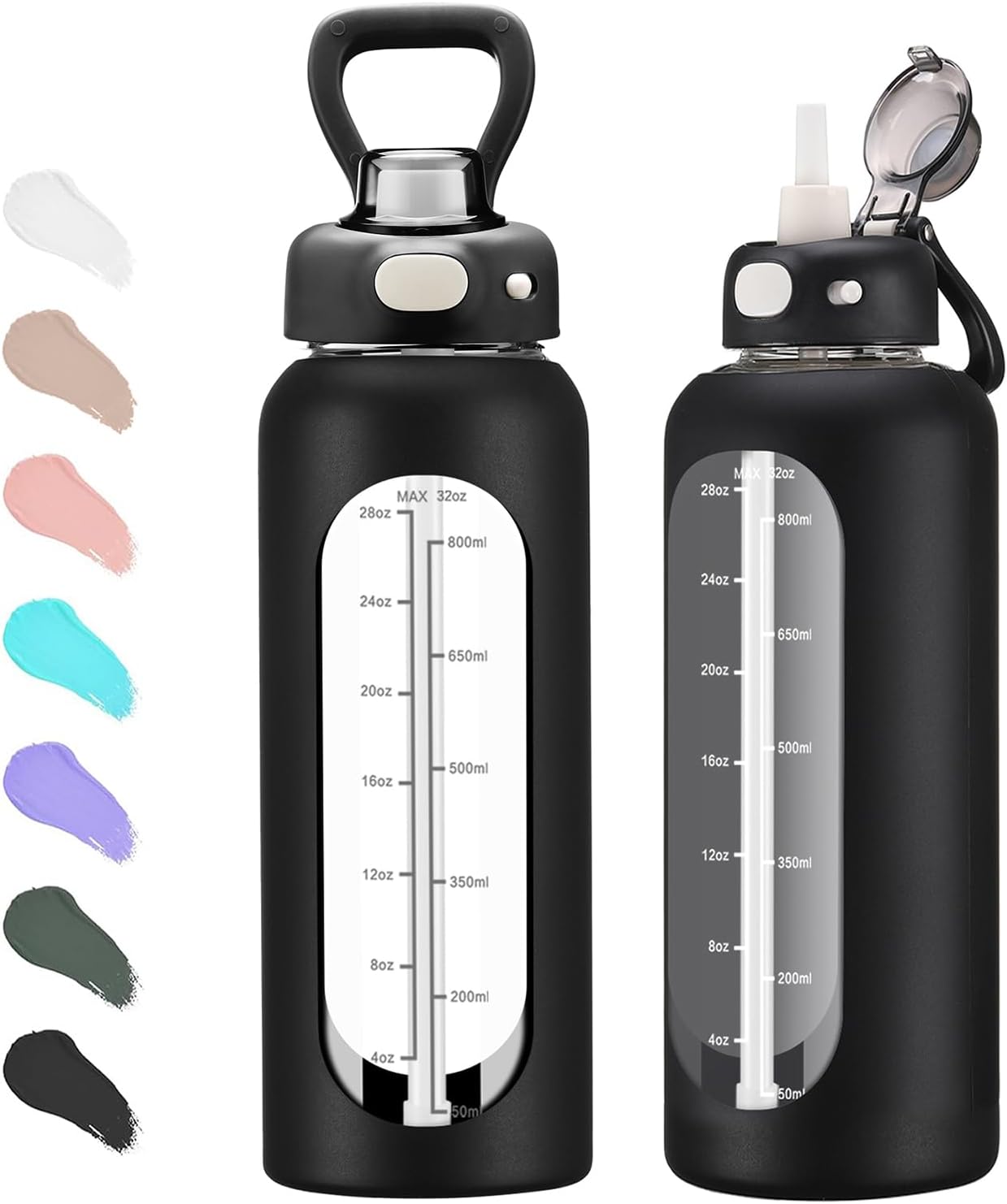 SIEROZUR 40oz Glass Water Bottle with Straw and Handle Motivational Water Bottles with Silicone Sleeve and Time Marker Leakproof Borosilicate Water Bottle for Gym Home Office Black 40 oz