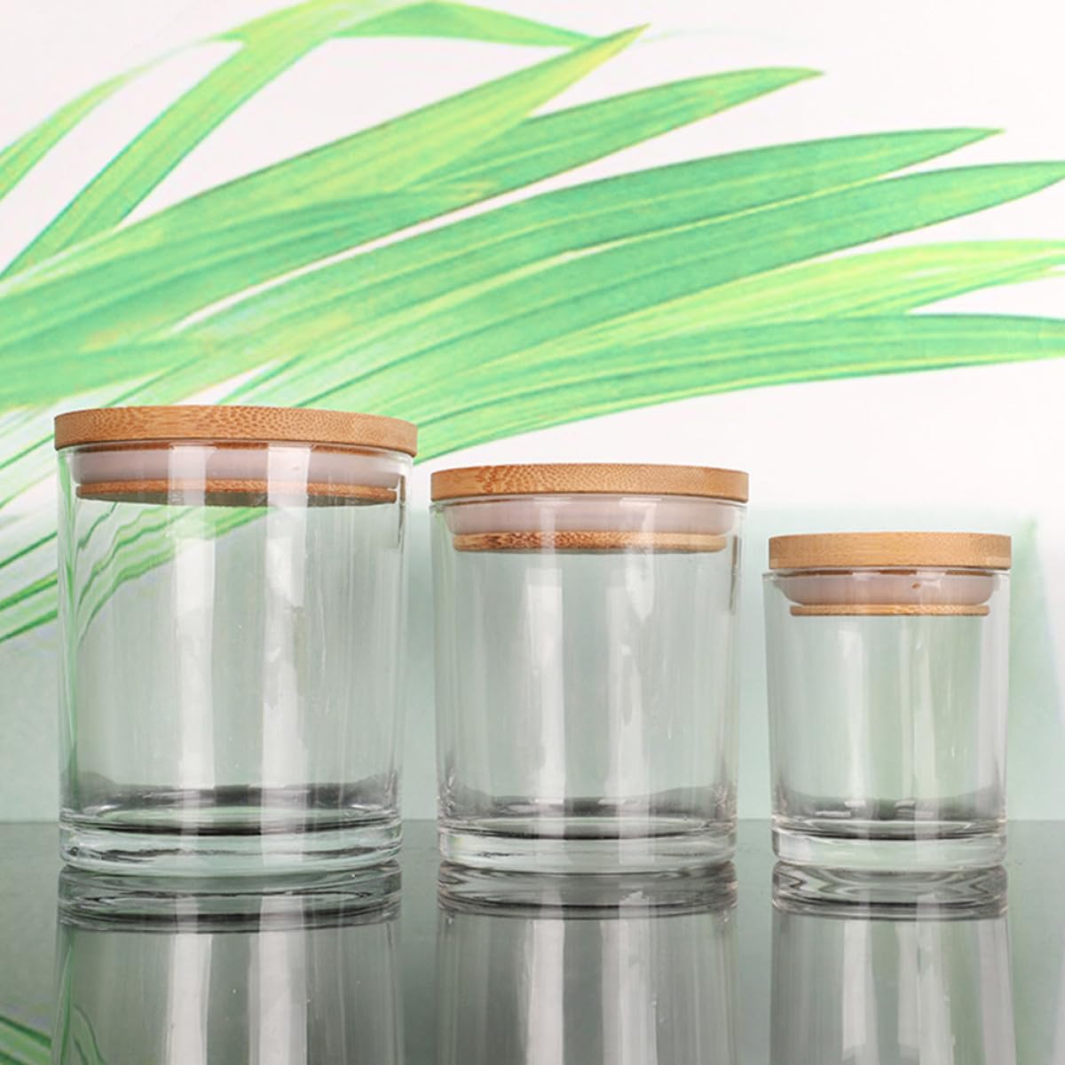 Runde Kerzenhalter aus Glas 5 Stück mit Bambusdeckel Leere Gläser für Duftkerzen und Kerzenbasteln im Wohnbereich