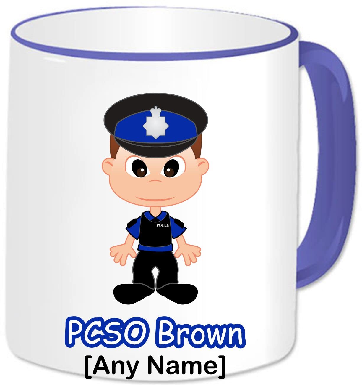PCSO Gift - Personalised PCSO Mug - Male Police Community Support Officer Policeman Novelty Christmas Birthday Presents Idea (Brown Hair) (Blue Handle)