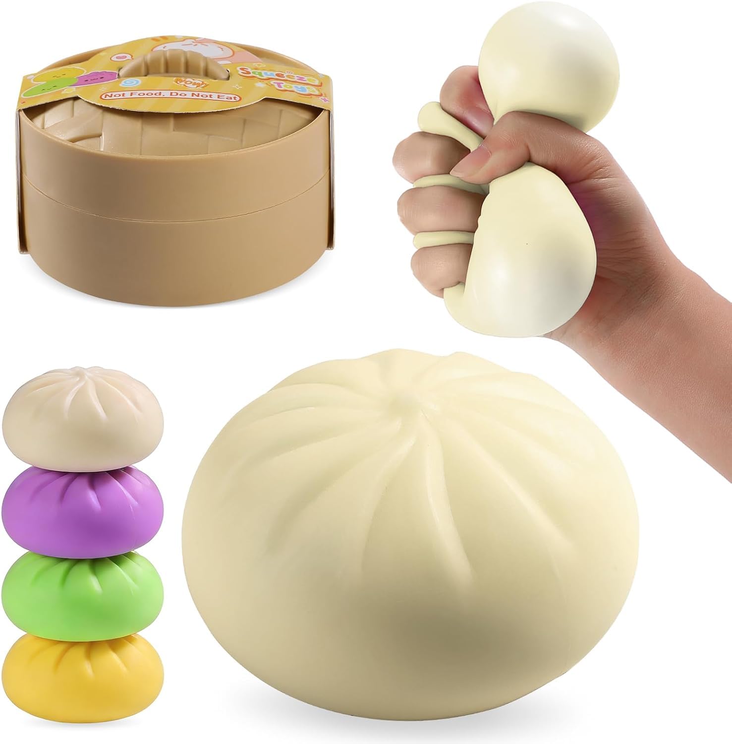 Giant Dumpling Squishy, Mega Dumplings Toy with Steamer Box, Colorful Squishy Dumpling, Large Stress Relief Sensory Ball for Adults and Kid, Soft Squeeze Decompression Dough Fidget Toys (white)