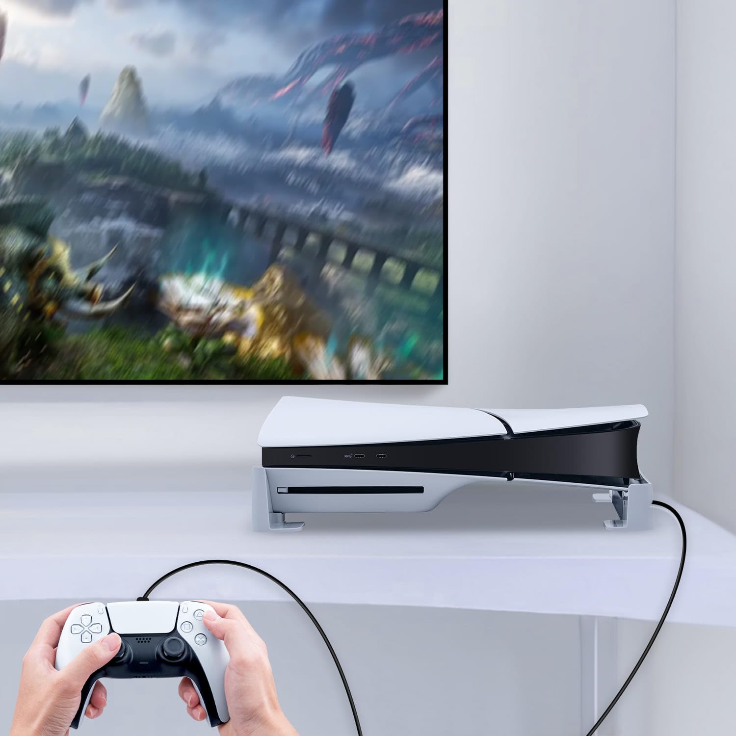 Pozioma podstawka do konsoli PS5 Slim z 4-portowym hubem USB, ulepszona podstawa wspornika akcesoria kompatybilna z PlayStation 5 Slim Disc & Digital Edition uchwyt na stojak