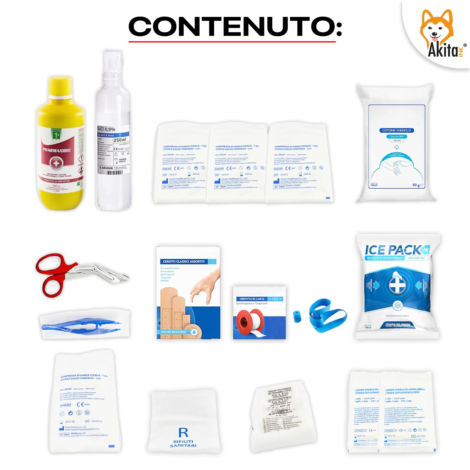 Akitaink Cassetta medica pronto soccorso con ALLEGATO 2 per aziende meno 3 dipendenti completa di staffa a muro, Conforme DM388/DL81, Made in Italy