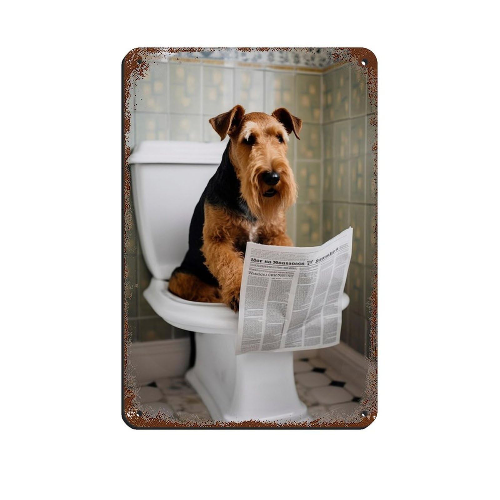 Airedale Terrier on Toilet Reading The Newspaper Tin Sign Vintage Metal Pub Club Cafe Bar Home Wall Art Decoration Poster Retro 8x12inch(20x30cm)