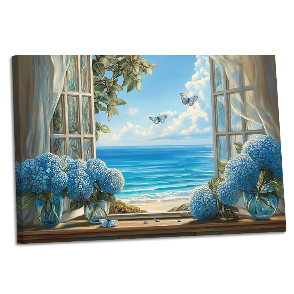 ZQQART Ocean Hydrangea Canvas Wall Art Hydrangea Open Window Painting Prints Country Floral Beach View Bathroom Picture Coastal Decor (blue,40W x 60L cm)