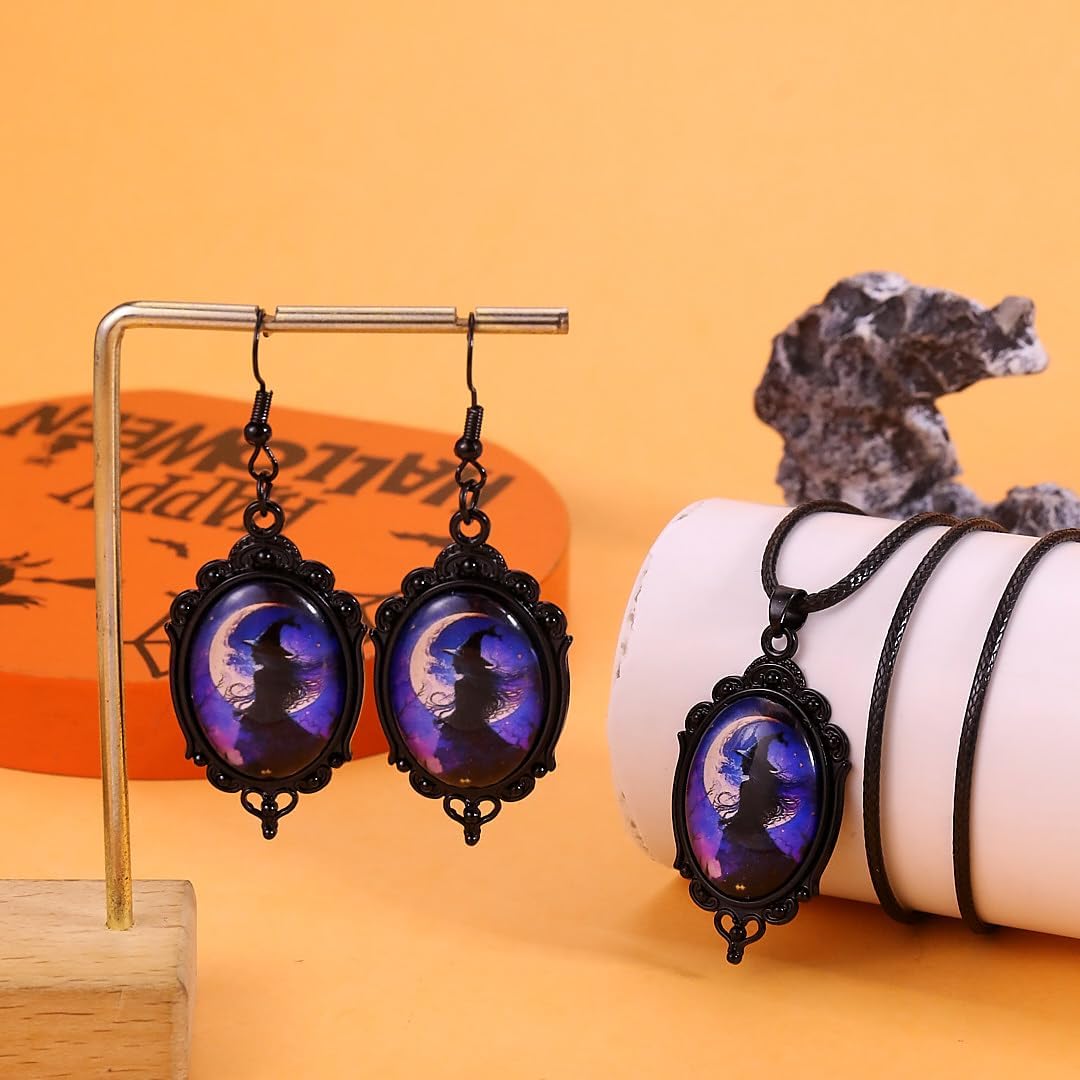 Halloween Witch Jewelry Set for Women Witch Cameo Earrings Necklace Set Goth Crystal Bat Raven Earring Necklaces Gothic Mystic Victorian Earring Halloween Costume Jewelry Accessories - Image 5