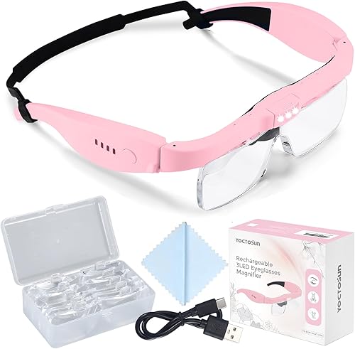 YOCTOSUN Lupas con luz, auriculares de aumento recargables con 5 lentes desmontables 0.75X-4.0X y 3 luces LED, lupa manos libres para el trabajo