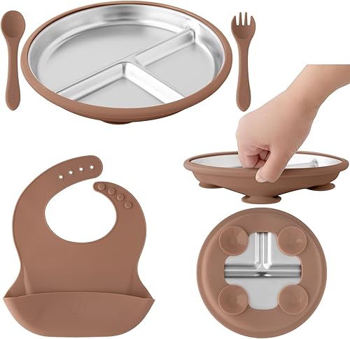 Juego de alimentación para bebés, placa de acero inoxidable con base de succión, babero de silicona, cuchara y tenedor, juego de autoalimentación