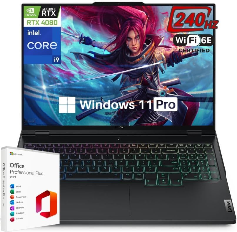 LenovoLegion Pro 7i Gen 9 Gaming Laptop, Intel i9-14900HX, GeForce RTX 4080 12GB, 64GB DDR5 RAM, 2TB SSD, 16.0" IPS QHD+ 500 nits 240Hz Display, Windows 11 Pro & Microsoft Office Lifetime License