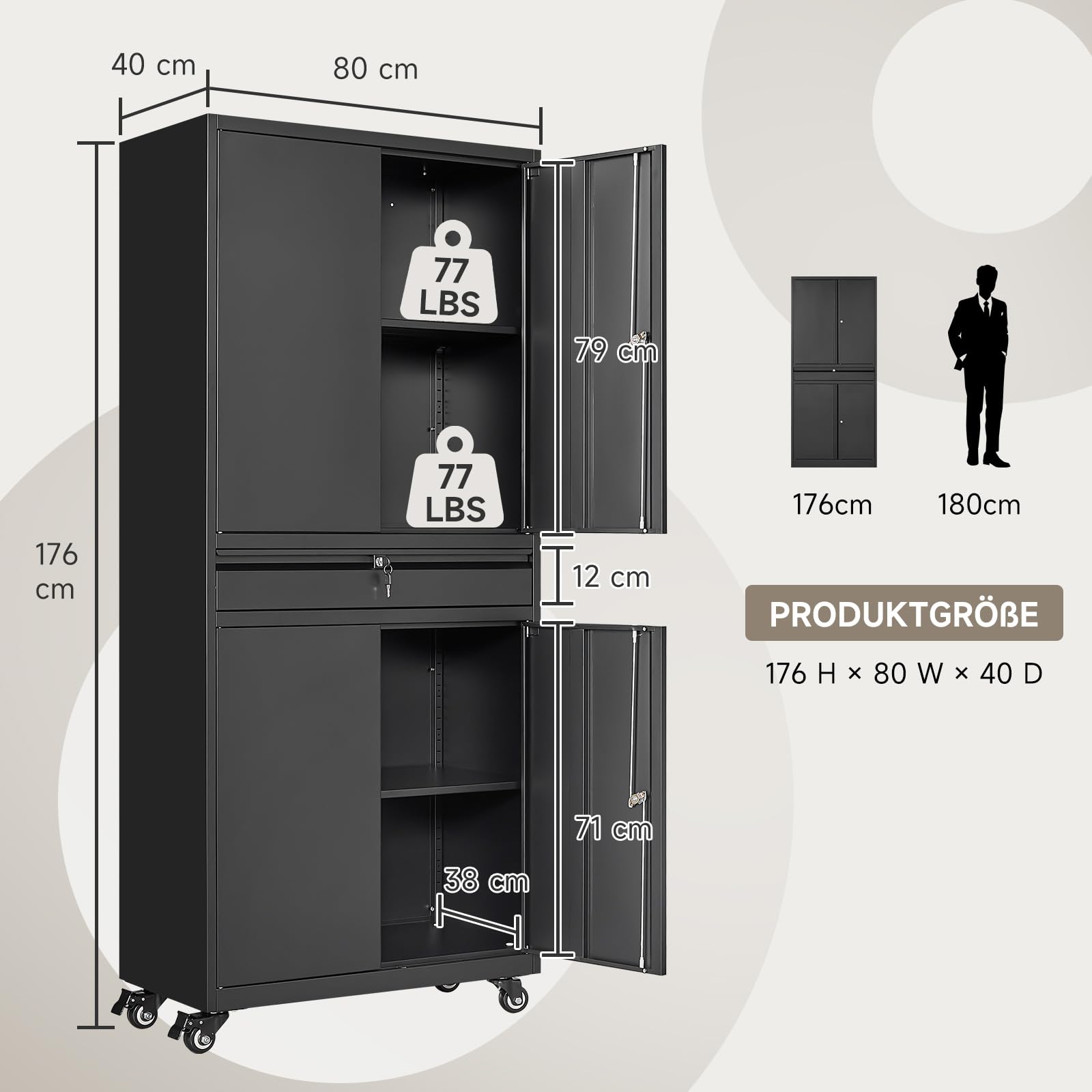 Sightlife Werkzeugschrank Metallschrank - 180x40x80cm Abschließbar Multifunktionaler Stahlschrank, Werkstattschrank mit Verstellbaren Trennwänden, Werkzeugschrank mit Schubladen (Auf Rädern)