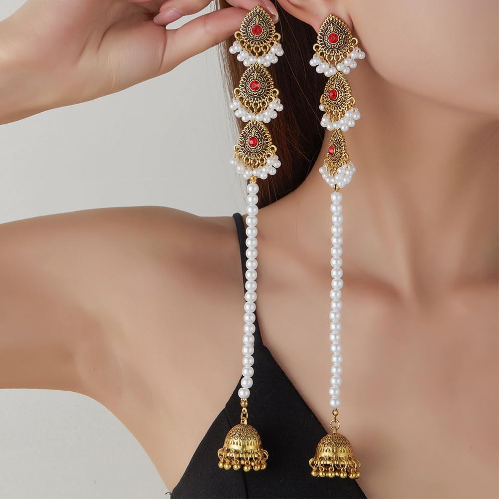 Missgrace Boho Indian Dainty Dangle Beads Faux Pearls long Large Green Red Silver Rhinestone Teardrop Earrings for Women Vintage Retro Chandelier Earrings Beaded Jhumka Jhumki Tassel Studs Traditional Silver Gold Plated Earrings for Women - Image 2