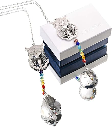 Miniatura 7 de Atrapasoles de cristal con cuentas de chakras, búho, ventana, adorno colgante de arco iris, paquete de 2 para Navidad, boda, decoración de ventana