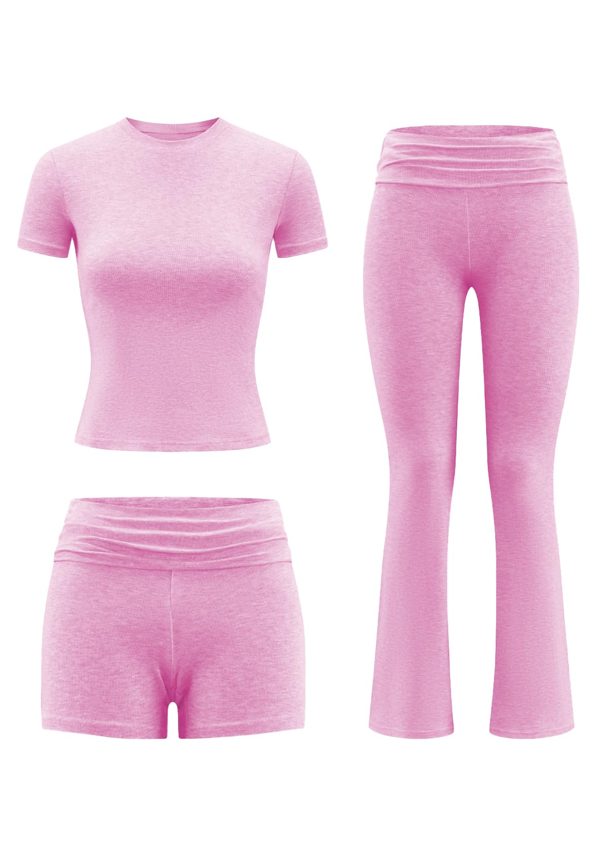 ZFLM Fashion and Casual Women's 3-Piece Set Short Sleeved High Waist Folded Shorts Bellbottom Pants Sports Set