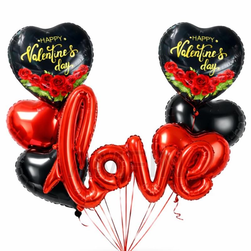 Image of AMFIN (Pack of 7) Happy Valentine's Day Foil Balloon Bouquet Love Cursive Heart Romantic Decoration Item - Red Black