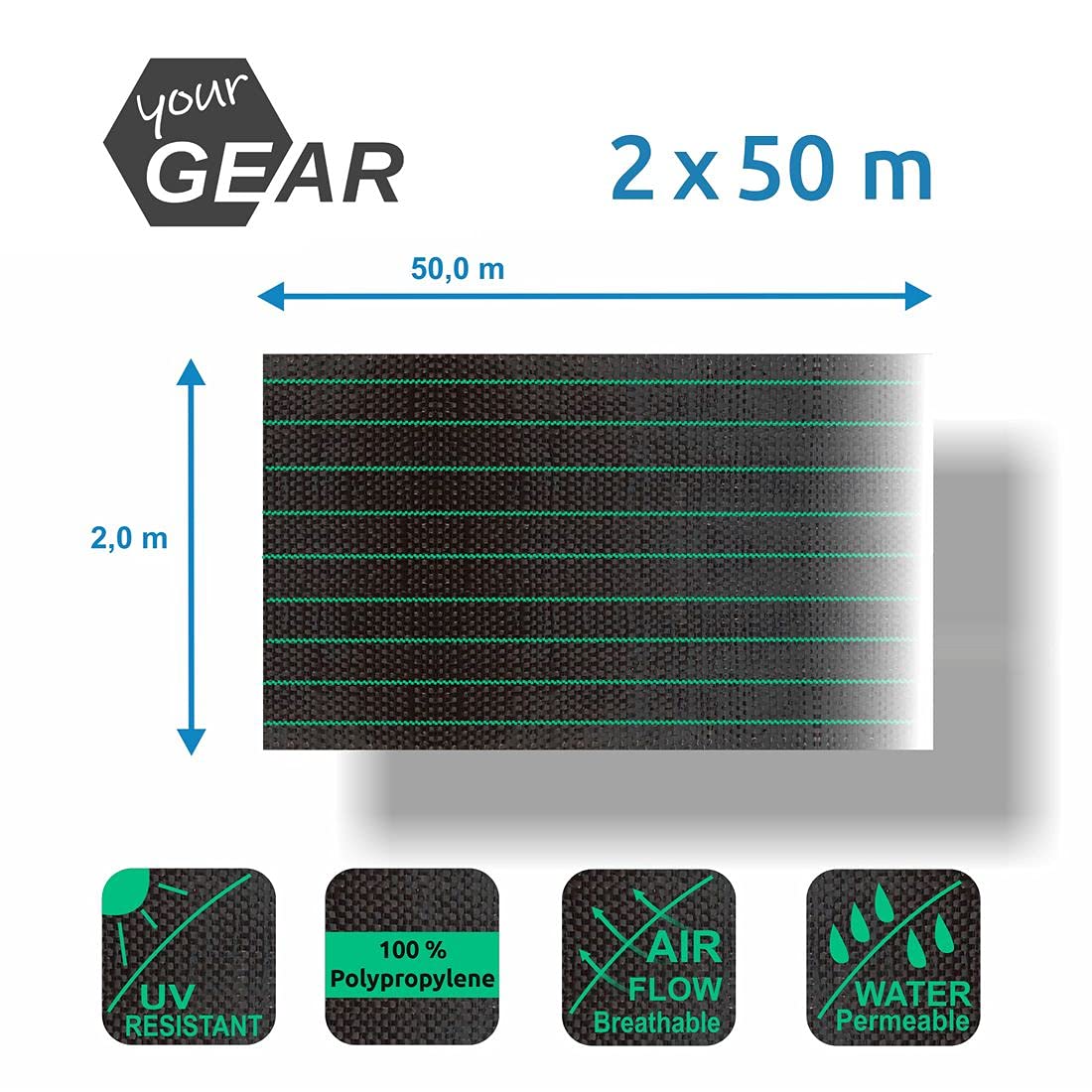 your GEAR Unkrautvlies 100m² – Gartenvlies, Unkrautfolie, Wasserdurchlässig, Reißfest, Abdeckvlies für Beet, Hochbeet, Winterschutz – 2x50m, 100g/m²
