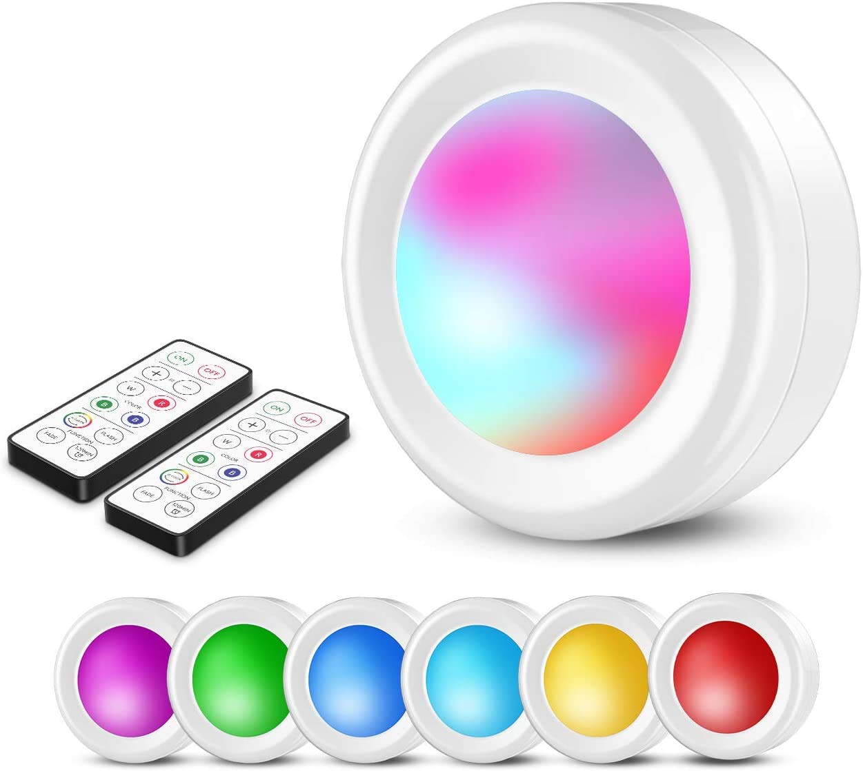 MKLPuck Lights, 6 Battery-Powered Cabinet Lights, RGB Color-Changing Light Led Touch Lights with 2 Remote Controls, 16 RGB Colors, Can Be Pasted On Wardrobes, Corridors, Kitchen
