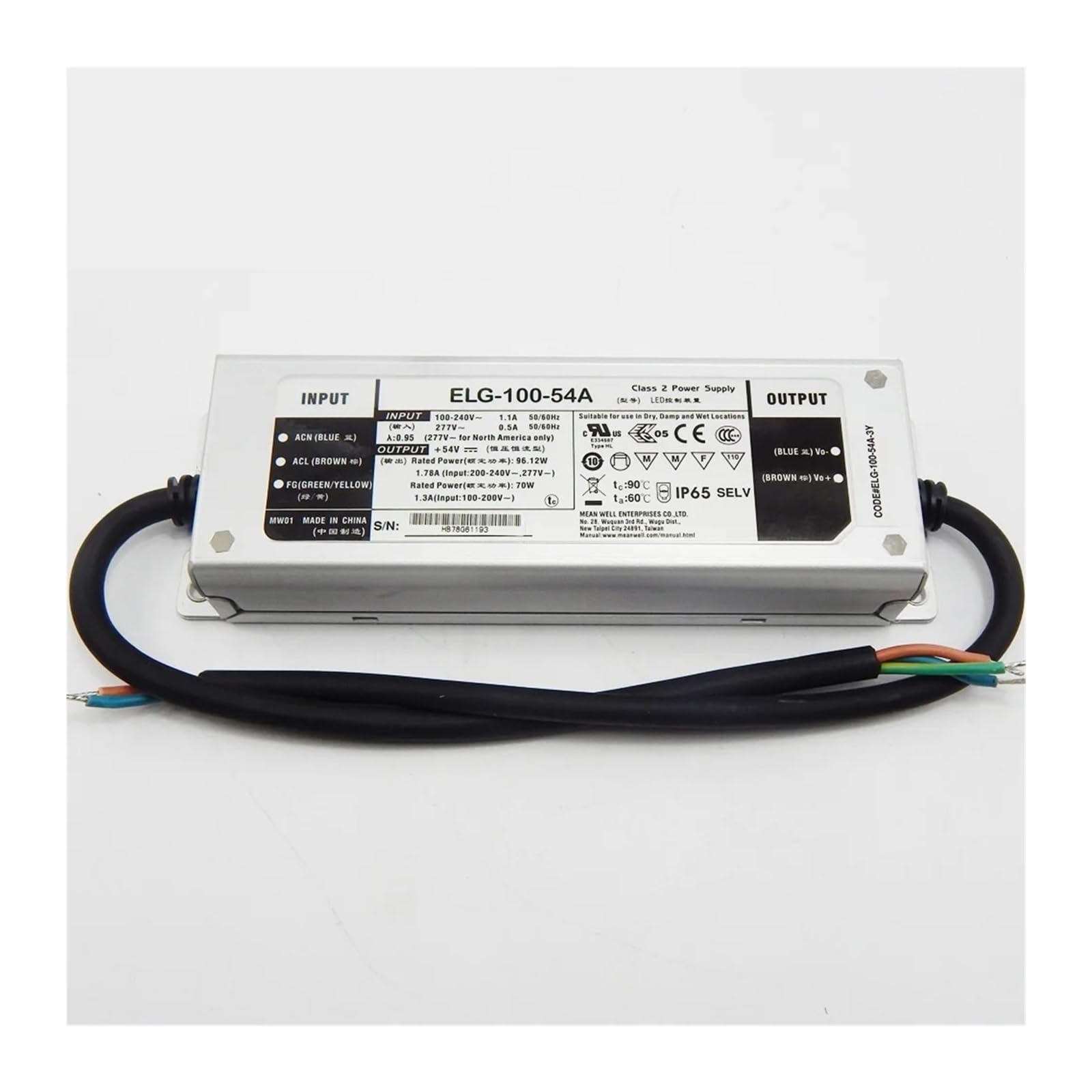 Pilote LED réglable IP65 96W ELG-100-54A-3Y pour courant stable 54V CC