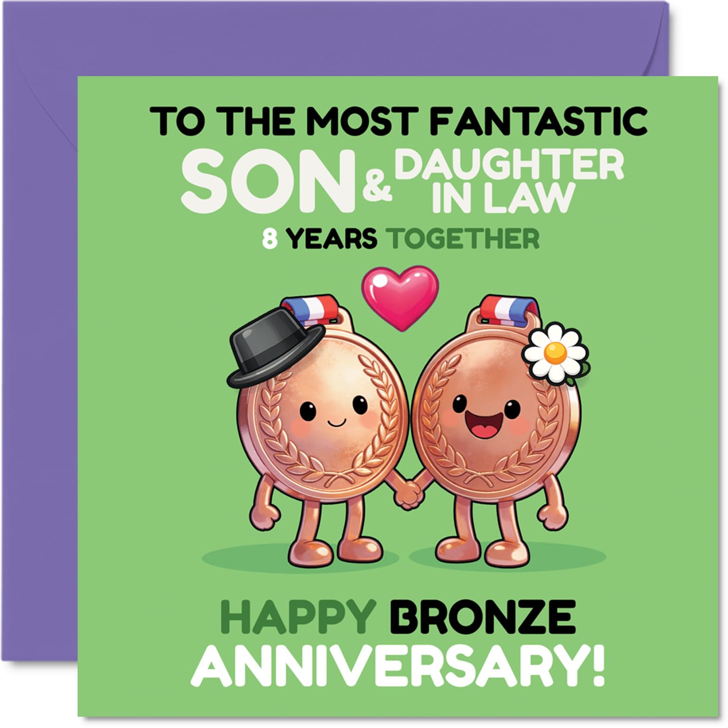 Playful 8th Anniversary Card for Son & Daughter in Law - Celebrate Eight Brilliant Years - 145mm Square, Envelope Included