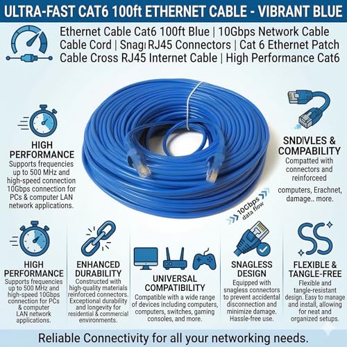 KUNOVA (TM) Ethernet Cable Cat6 200ft Blue, 10Gbps Network Cable Wire Cat 6 Ethernet Patch Cable Cord, Internet Cable with Snagless RJ45 Connectors - 200 Feet Blue