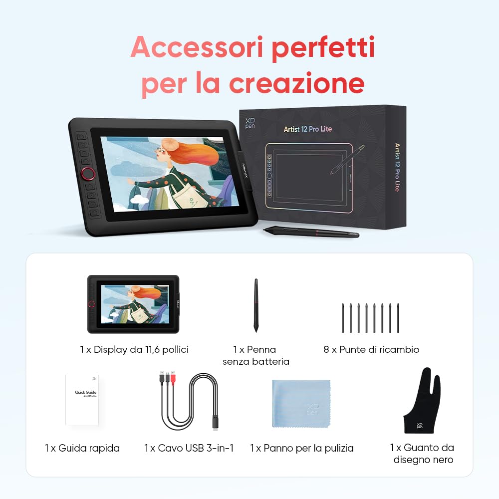 XPPen Artist 12 Pro Lite Tavoletta Grafica con Schermo da 11,6" completamente laminato, con 8 tasti rapidi e rotella, 8192 livelli di pressione, per disegno digitale, scrittura ed editing su PC