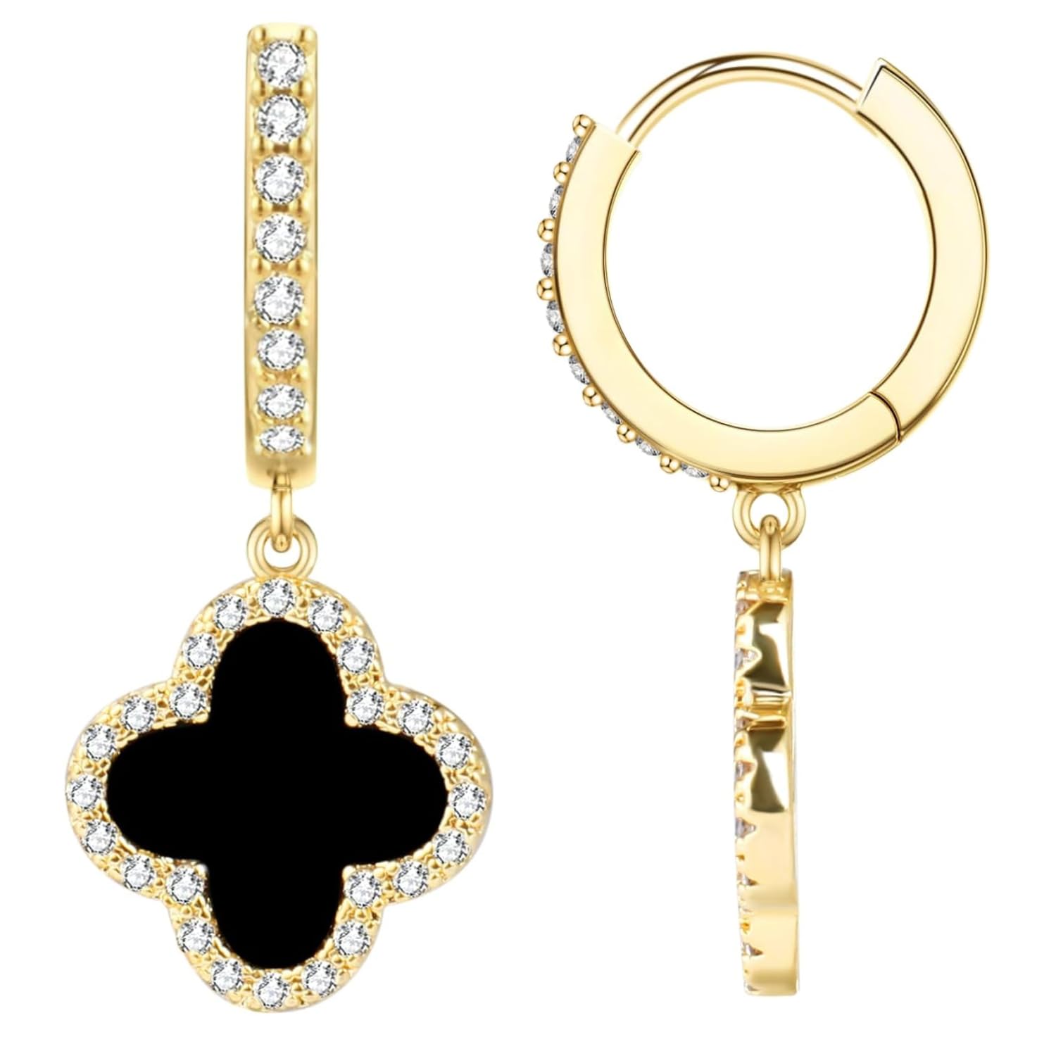 Lucky Leaf Irish Earrings Gold Dangle Earrings for Women Vintage Diamond Black Leaf Earrings 14K Gold Plated Huggie Drop Earrings Lucky Sparkling Earrings for Women Girls Charm Irish Party Gift