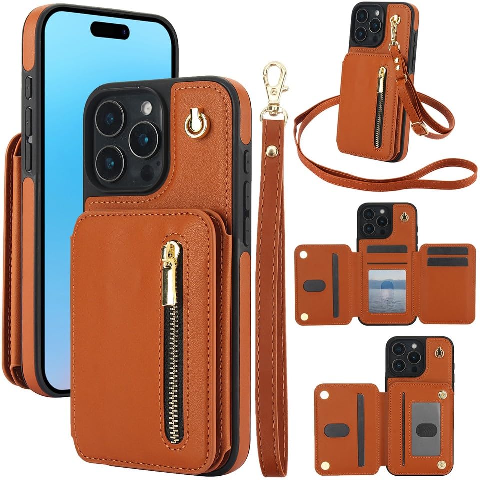 Étui iPhone 15 Pro Max marron anti-choc avec porte-carte pour protéger l'écran