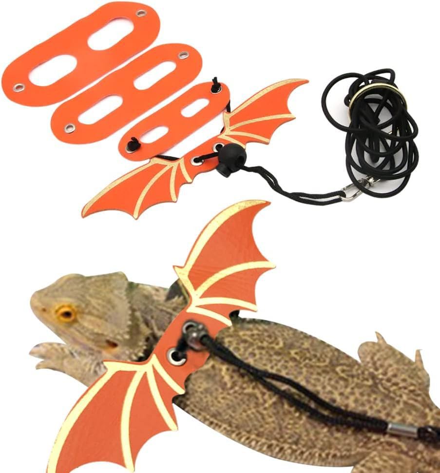3 Size Pack Bearded Dragon Leash and Harness Set, Bearded Dragon Harness, Soft Leather Detachable Adjustable Reptile Lizard Wing Leash (Orange)